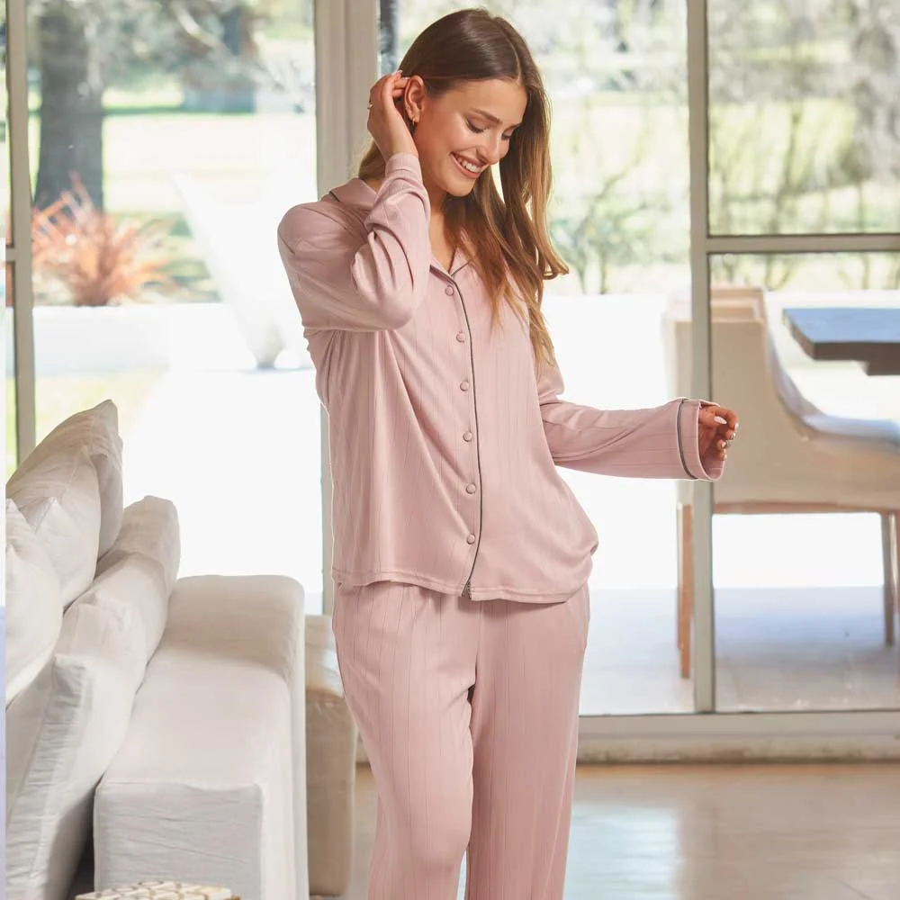 PIJAMA M/L CAMISERO DESAGUJADO
